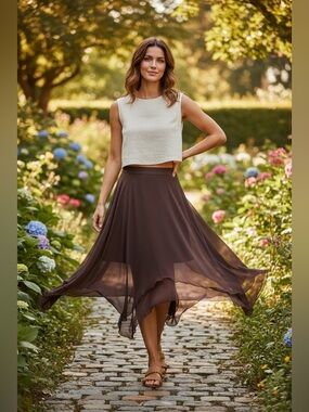 NWT Commense Chiffon Asymmetric Ruffle Midi Skirt – XS (Brown, Sold Out)